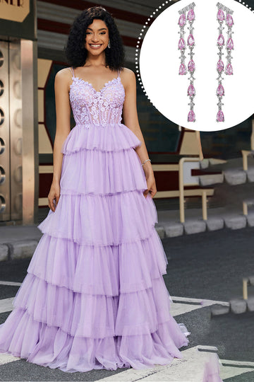 Purple Princess A Line Tiered Corset Ball Dress with Accessory